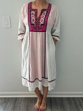 Binny Linen Modest Dress Embroidery Colorblock Milkmaid Peasant